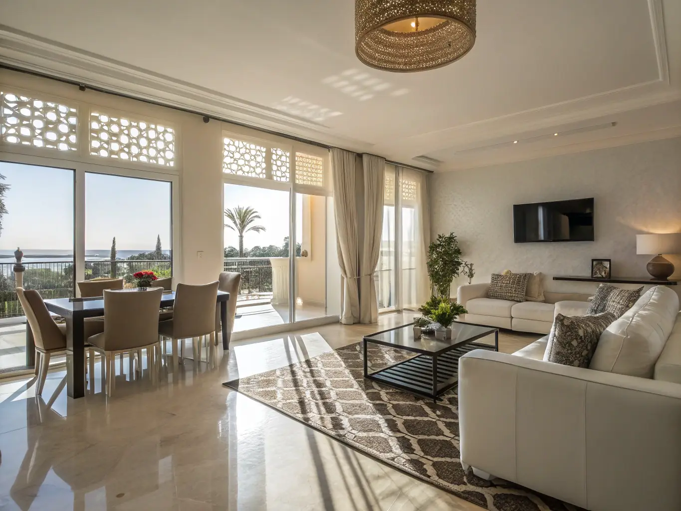 An apartment in Rabat's city center, showcasing its modern design, spacious layout, and convenient location. The image should highlight the urban lifestyle and proximity to amenities.