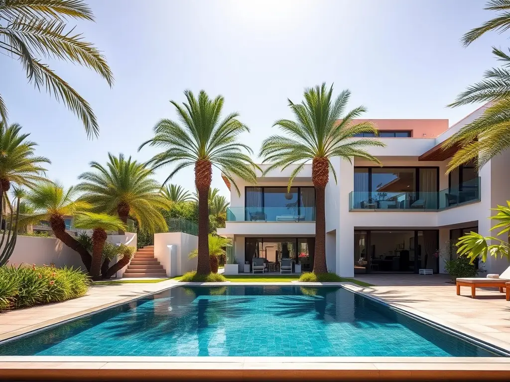 A luxurious villa in Marrakech with a private pool and lush gardens, showcasing traditional Moroccan architecture and modern amenities.