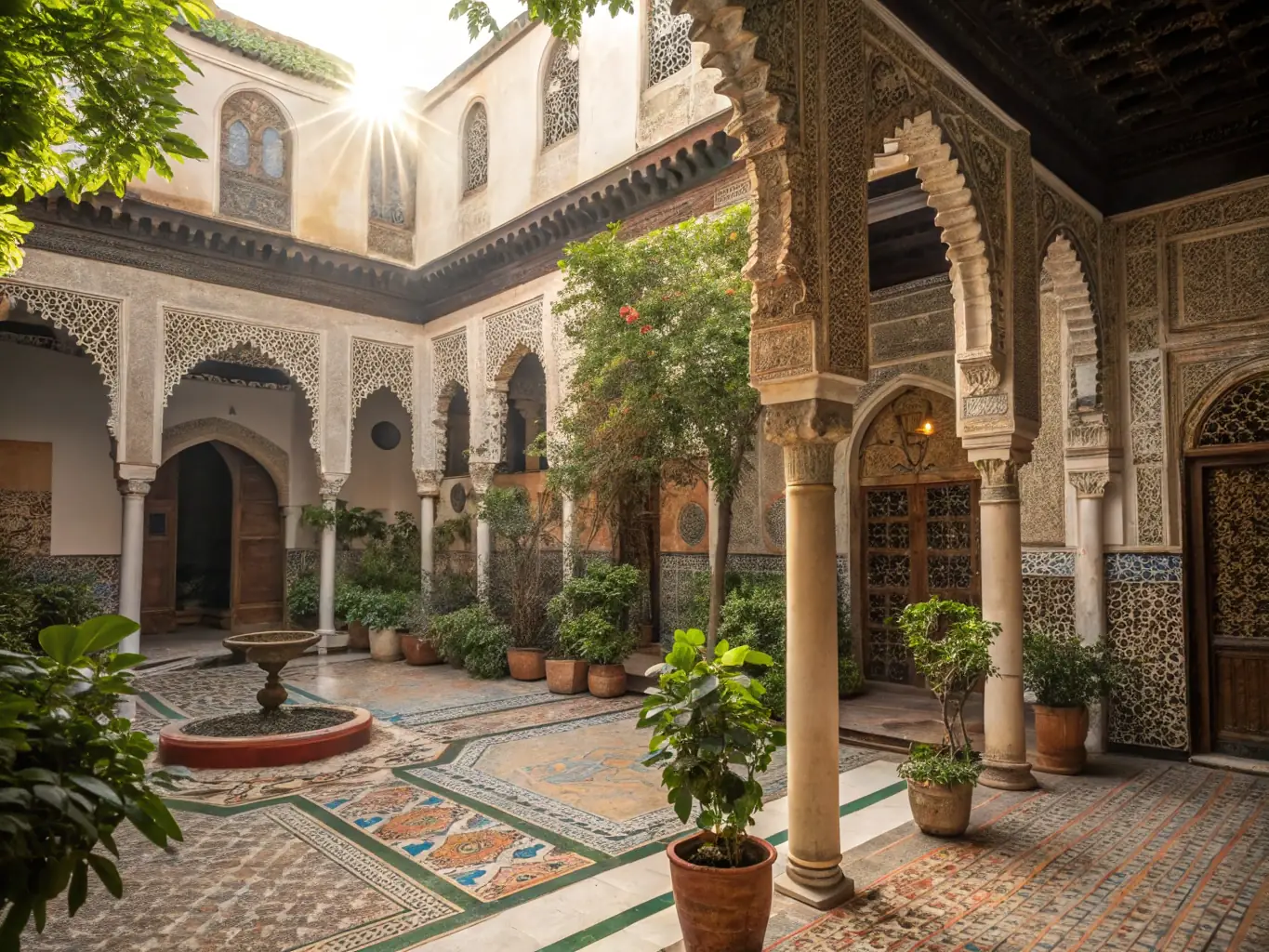 A traditional riad in Fez with intricate tilework, a central courtyard, and a rooftop terrace offering panoramic views of the medina.