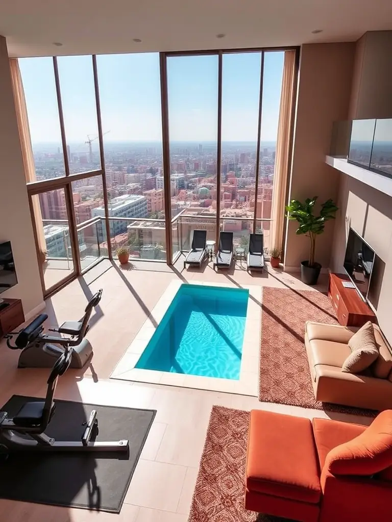 An apartment in a new development in the Gueliz district of Marrakech, showcasing modern amenities, a balcony with city views, and access to communal facilities such as a gym and swimming pool.