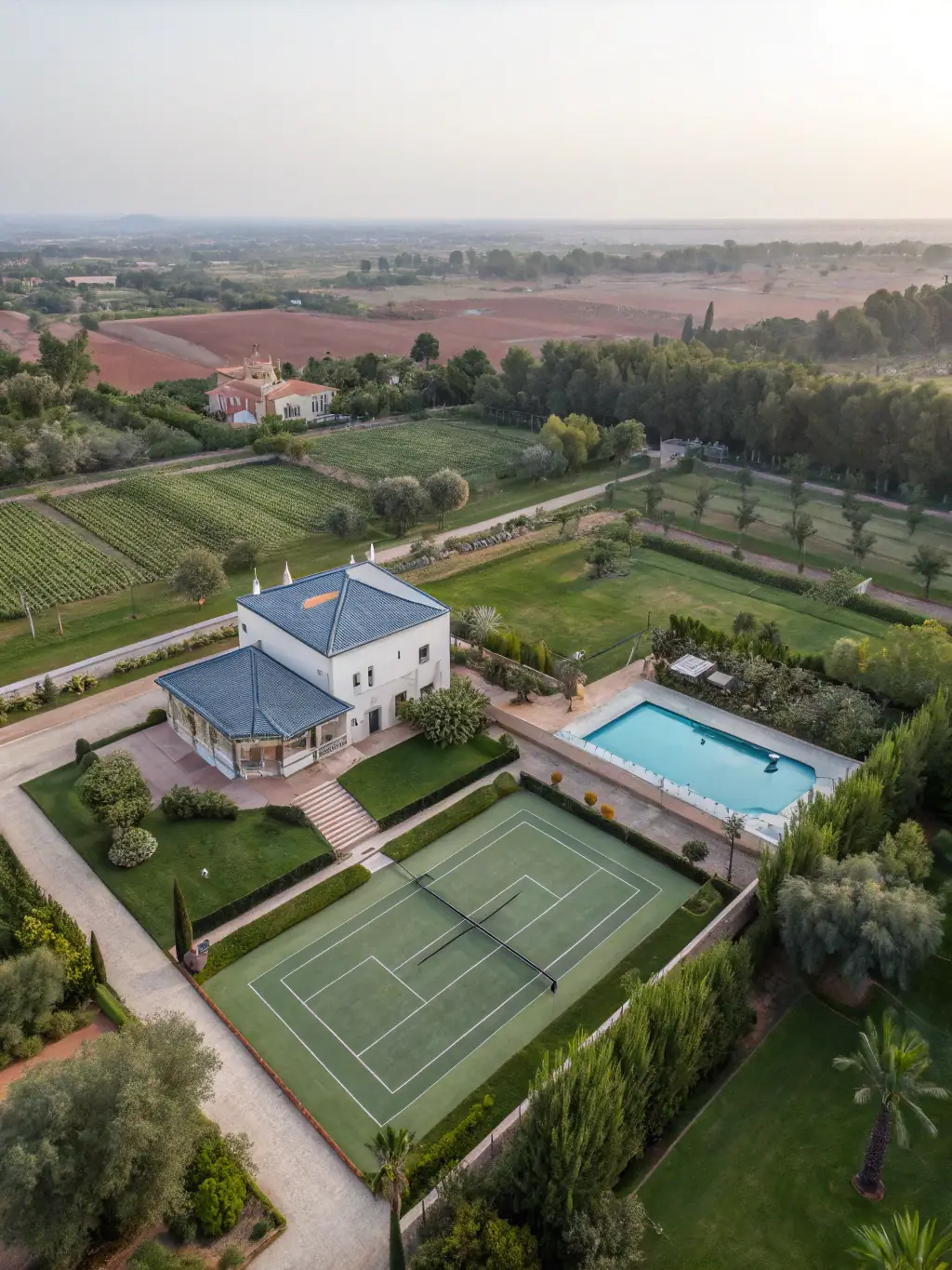 A modern villa on the outskirts of Marrakech, featuring a private swimming pool, landscaped gardens, and contemporary design elements, set against the backdrop of the Atlas Mountains.