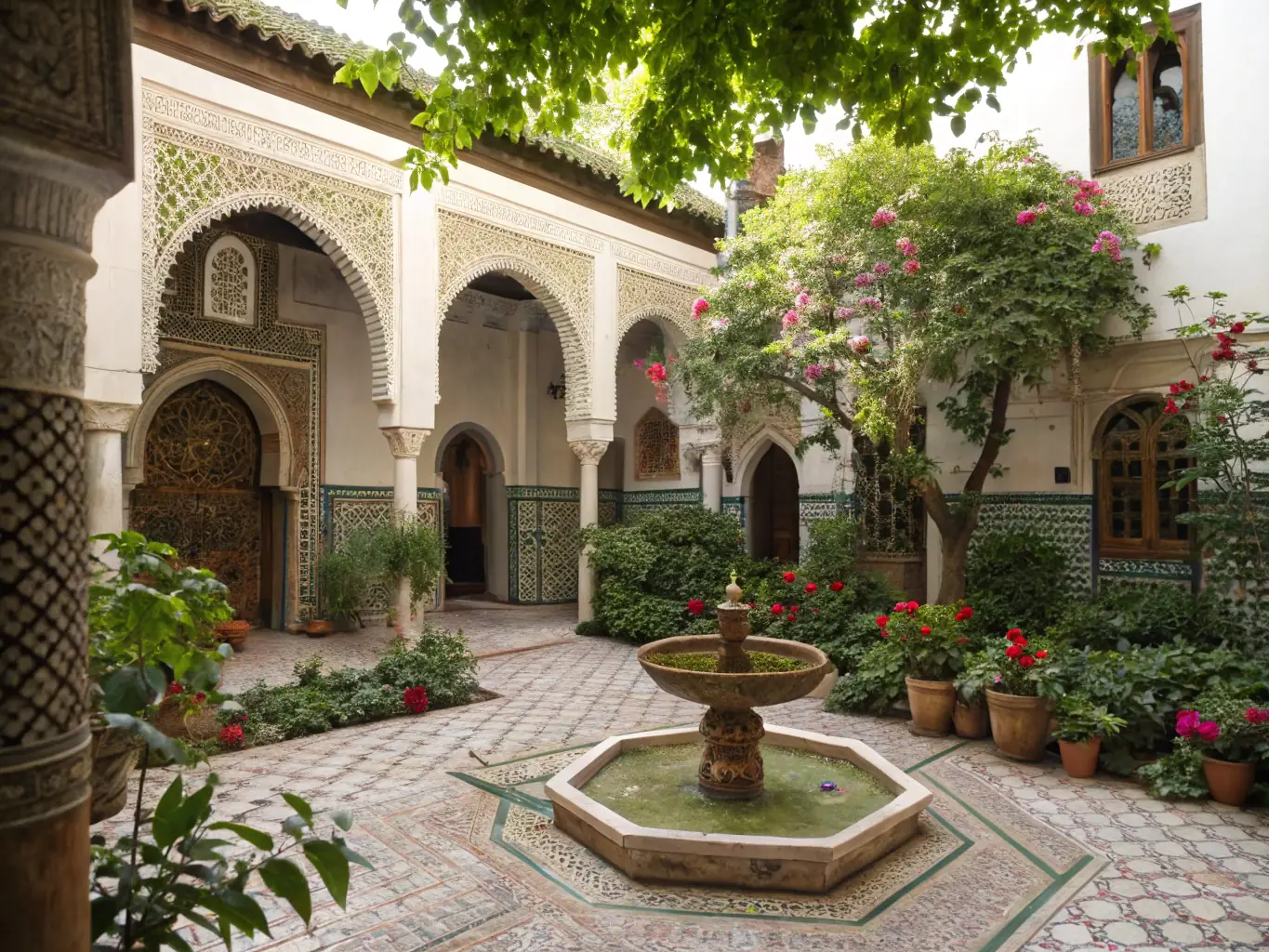 A traditional Moroccan villa in Casablanca with a lush garden and intricate architectural details, highlighting the charm and elegance of Moroccan design.