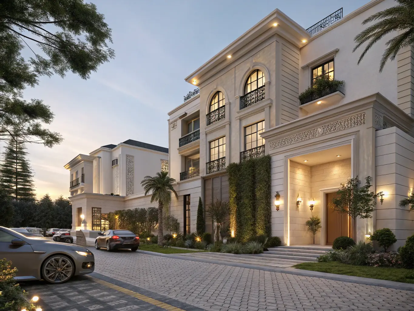 A modern apartment building in Casablanca with a view of the city skyline at sunset, showcasing the blend of modern architecture and Moroccan culture.