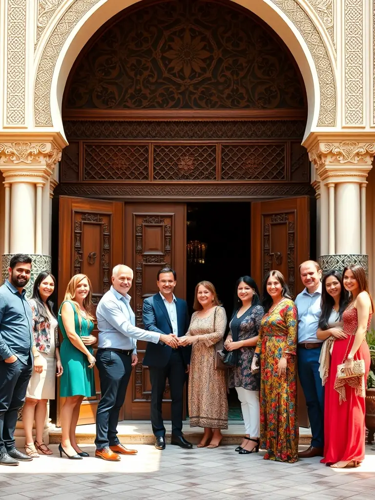 A diverse group of people from different nationalities shaking hands and smiling in front of a traditional Moroccan building, symbolizing successful international real estate transactions.