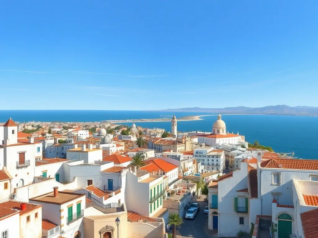 A picturesque scene of Tangier, capturing its coastal beauty, historic architecture, and the Strait of Gibraltar in the distance, emphasizing its strategic location and growing appeal for international investors.