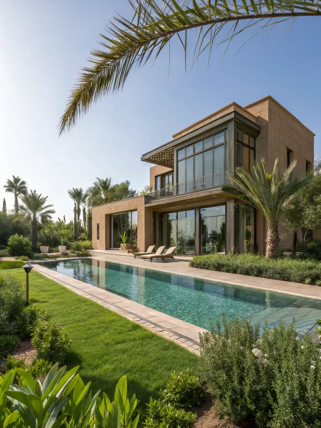 A high-quality photo of a modern Moroccan villa with a swimming pool, showcasing detailed architectural design and luxurious amenities, emphasizing the appeal of Moroccan properties to international buyers.