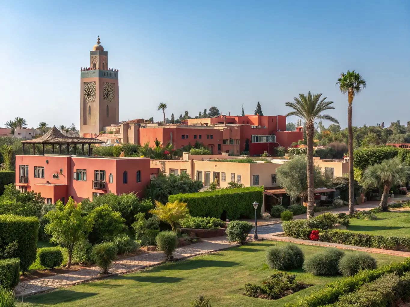 A modern apartment building in Marrakech, showcasing contemporary Moroccan architecture with a backdrop of the Atlas Mountains, symbolizing the blend of tradition and modernity in Moroccan real estate.