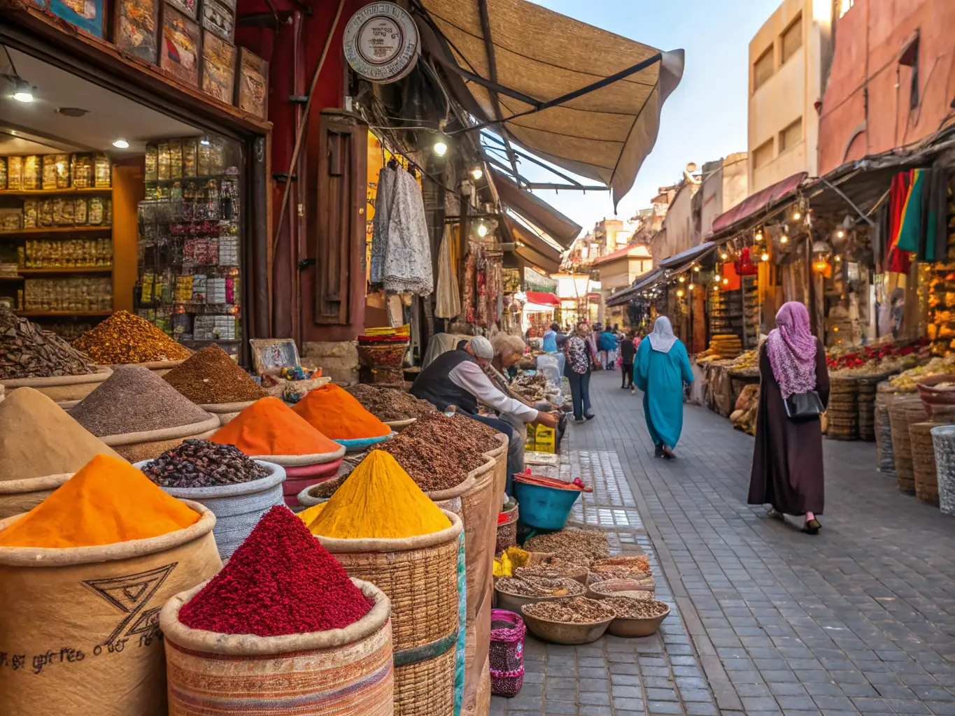 A bustling marketplace in Fez, showcasing traditional Moroccan craftsmanship and vibrant cultural heritage, highlighting the unique appeal of investing in culturally rich properties.