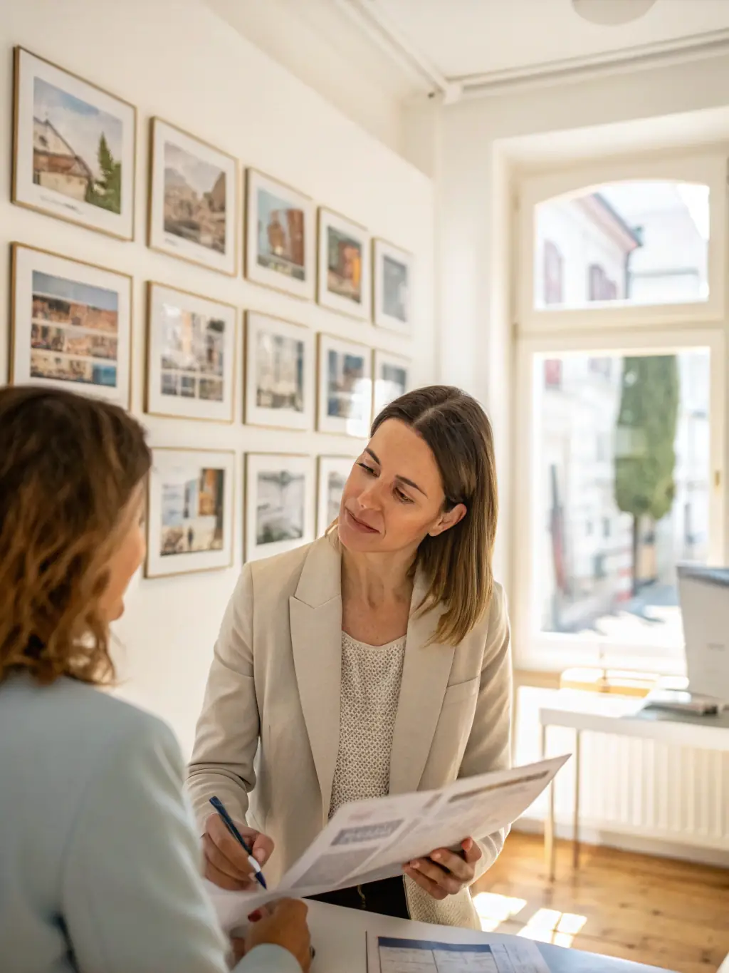 A professional real estate agent assisting an international client with paperwork in a modern office setting, conveying trust and expertise in guiding buyers through the process.